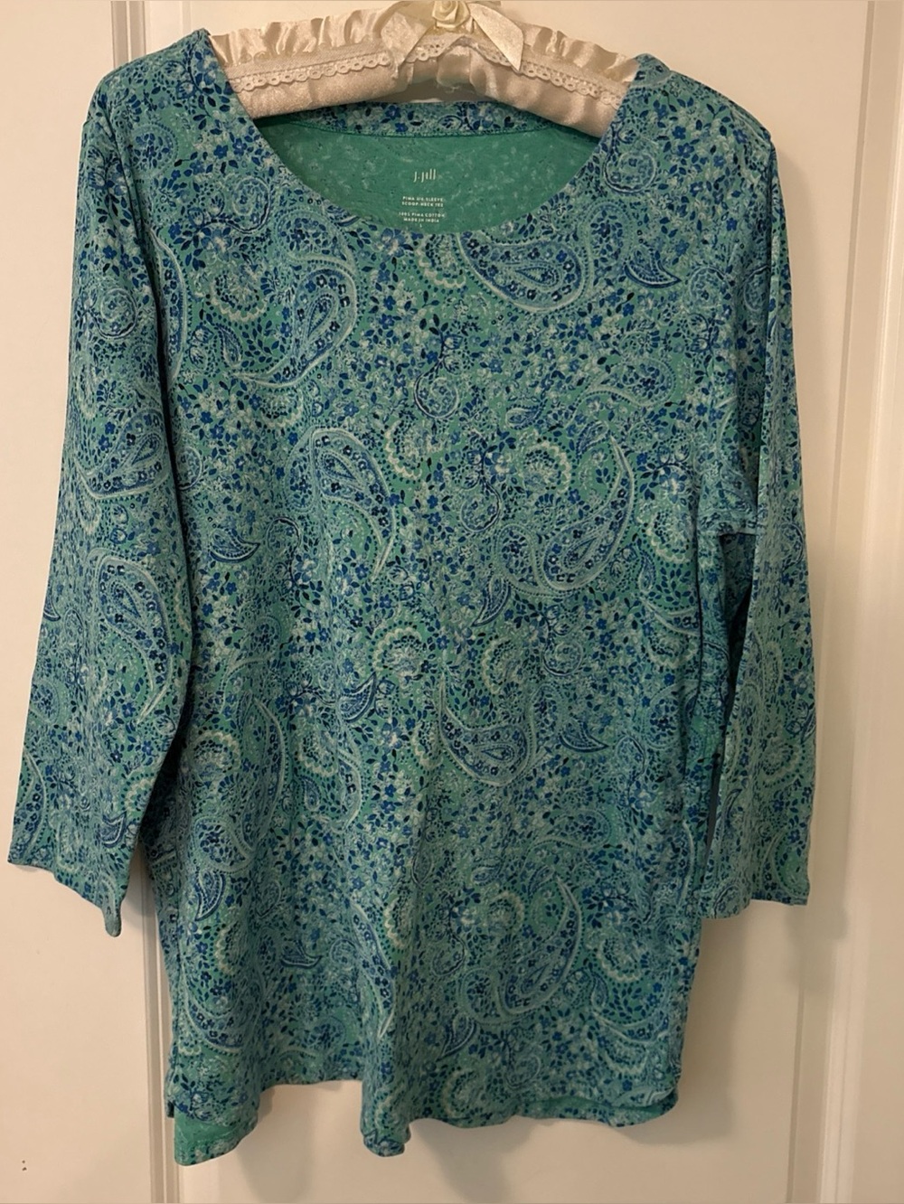 J Jill Aqua Floral-Pima-3/4 Sleeve Scoop Neck Tee-Large-Cotton